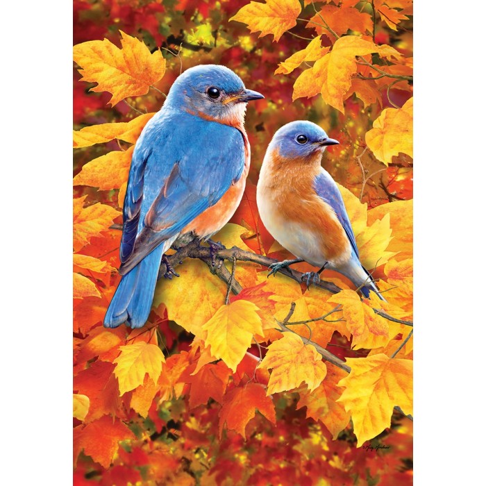 Drapeau décoratif , oiseaux bleu en automne ( petit 12 x 18 )