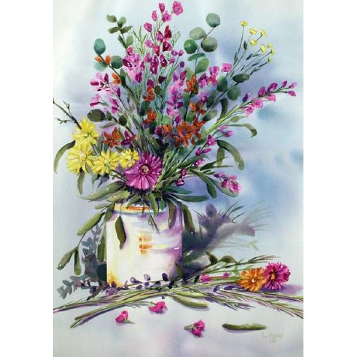 Drapeau décoratif , Fleurs à  l'aquarelle (grand 28x40)